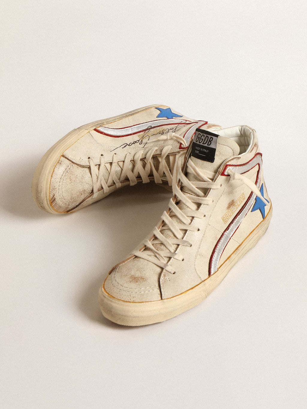 Golden Goose pánské Slide se světle modrou koženou hvězdou a metalickou stříbrnou koženou aplikací