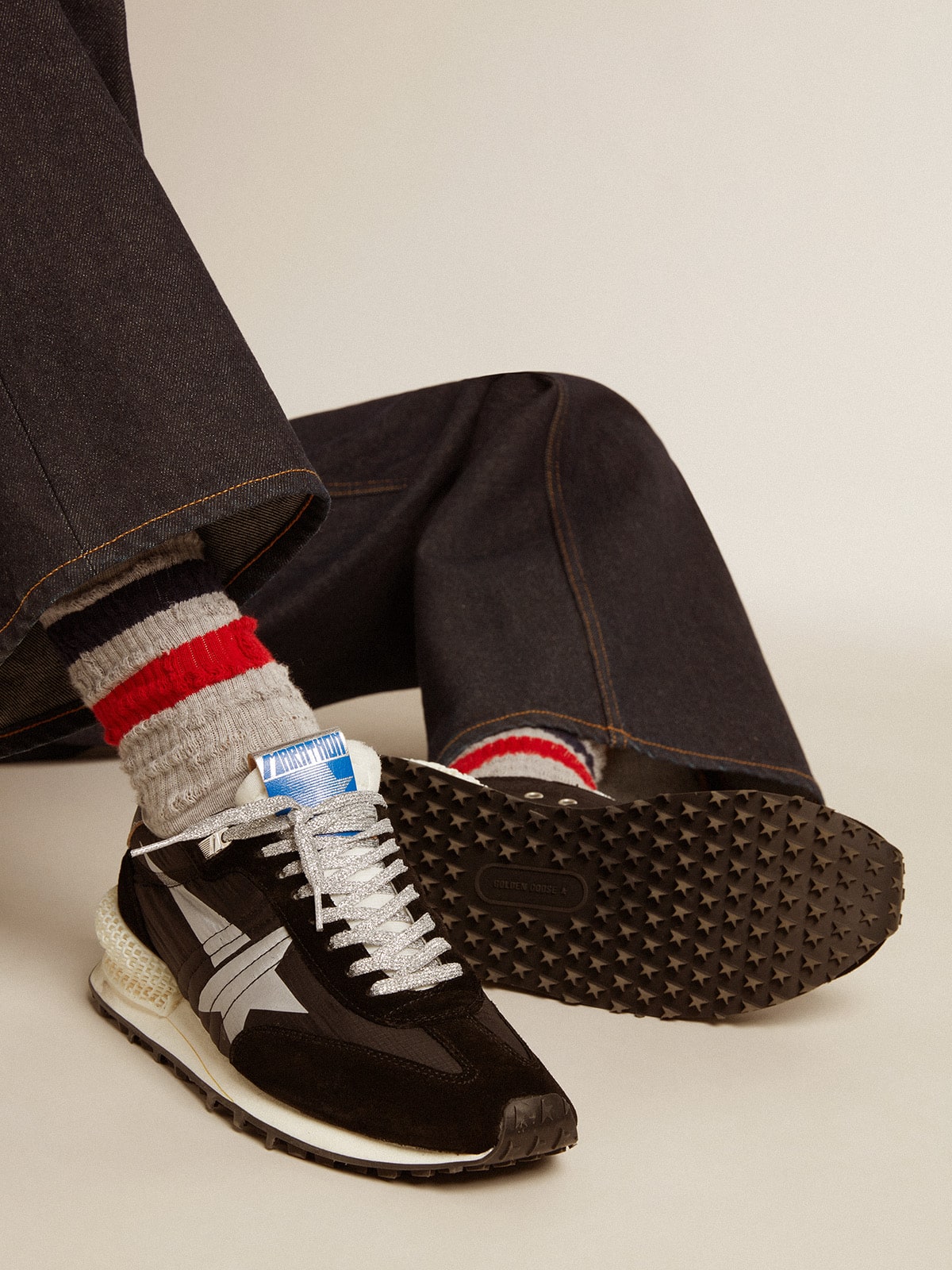 Golden Goose pánské tenisky Marathon s černým ripstop nylonovým svrškem a stříbrnou hvězdou