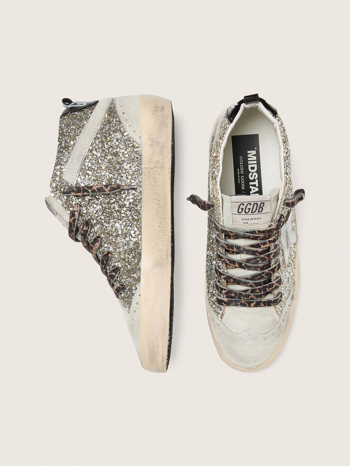 Golden Goose Mid Star ve stříbrném třpytu se stříbrnou metalickou koženou hvězdou