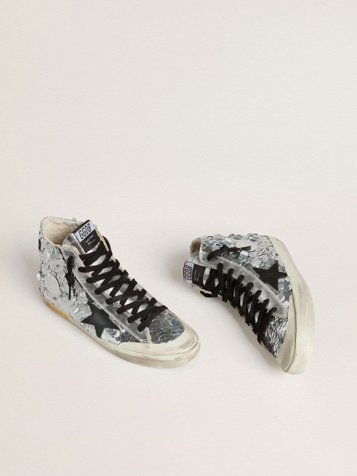 Golden Goose dámské tenisky Francy z nylonu s celoplošnými stříbrnými flitry a černou koženou hvězdou